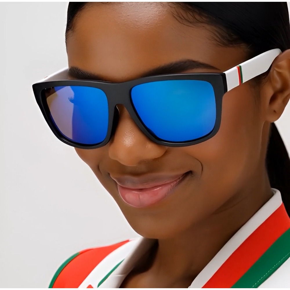 Women Black Frame Blue Mirror Lens Sunglasses Sporty Stripe Accents Lentes Gafas